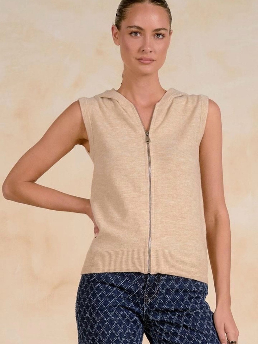 Elan Knit Hoodie Vest Full Zip Hooded Sleeveless Beige Women’s L NWT